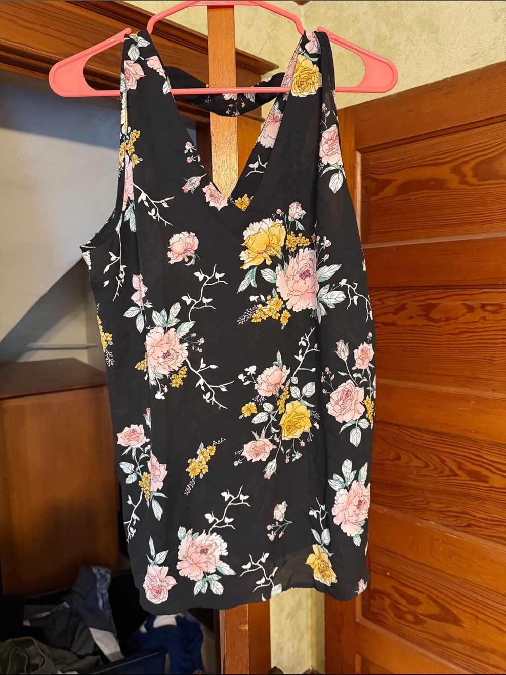 Maurices Black Floral V-Neck Tank with Pink & Yellow Blooms